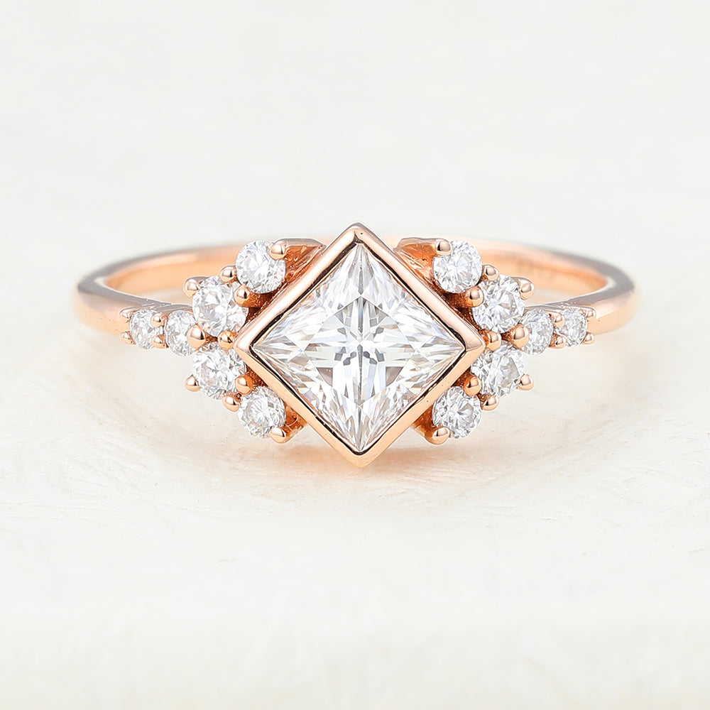 0.64 CT Princess Bezel & Cluster Moissanite Engagement Ring