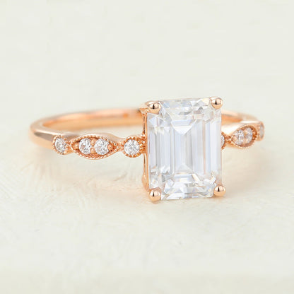 1.6 CT Emerald Milgrain Pave Moissanite Engagement Ring
