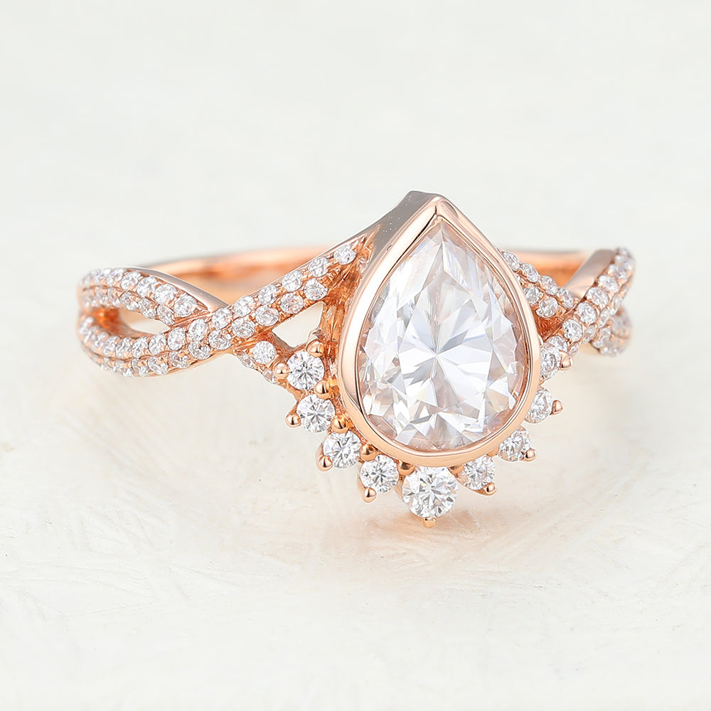 0.9 CT Pear Cluster & Bezel Moissanite Engagement Ring