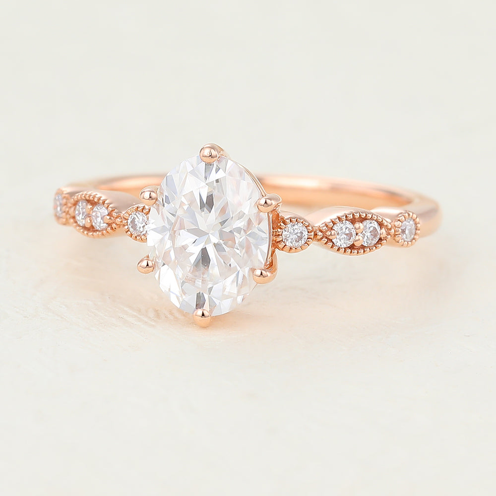 1.33 CT Oval Milgrain Pave Moissanite Engagement Ring