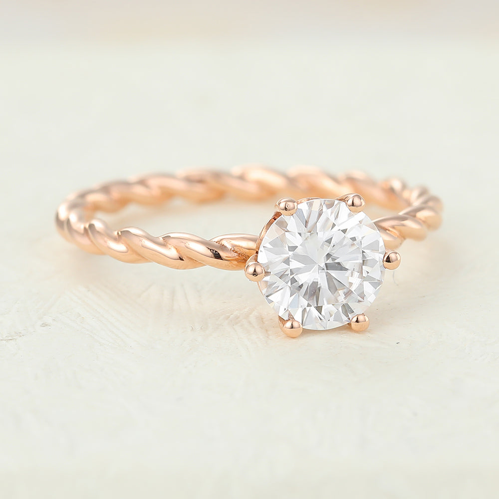 0.88 CT Round Solitaire & Twisted Shank Moissanite Engagement Ring