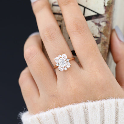 0.92 CT Emerald Cluster Moissanite Engagement Ring