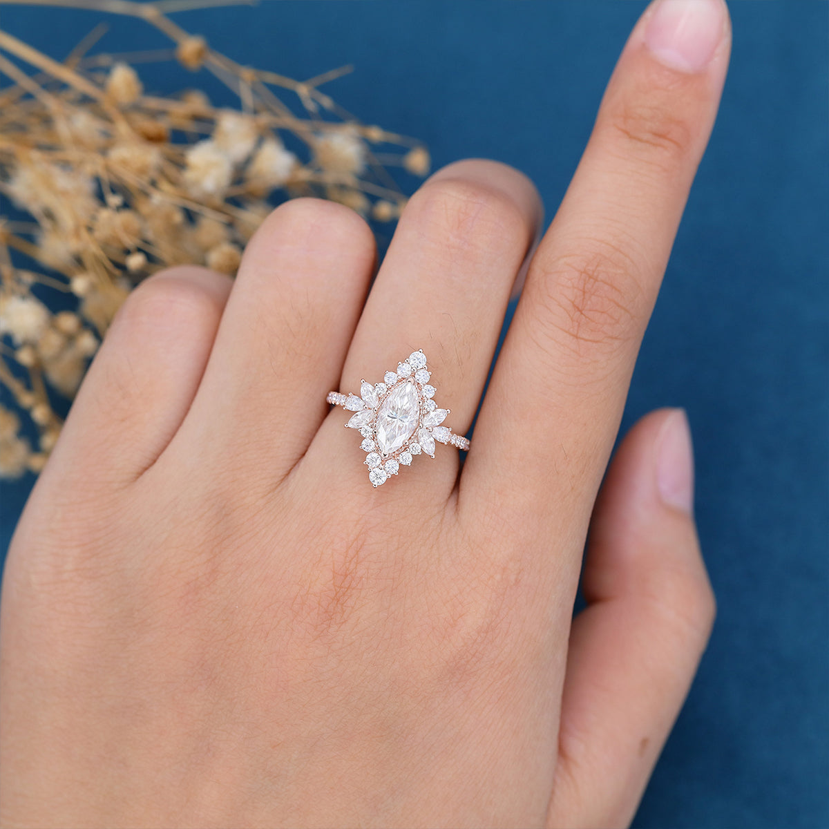 0.9 CT Marquise Cluster Lab Grown Diamond Engagement Ring