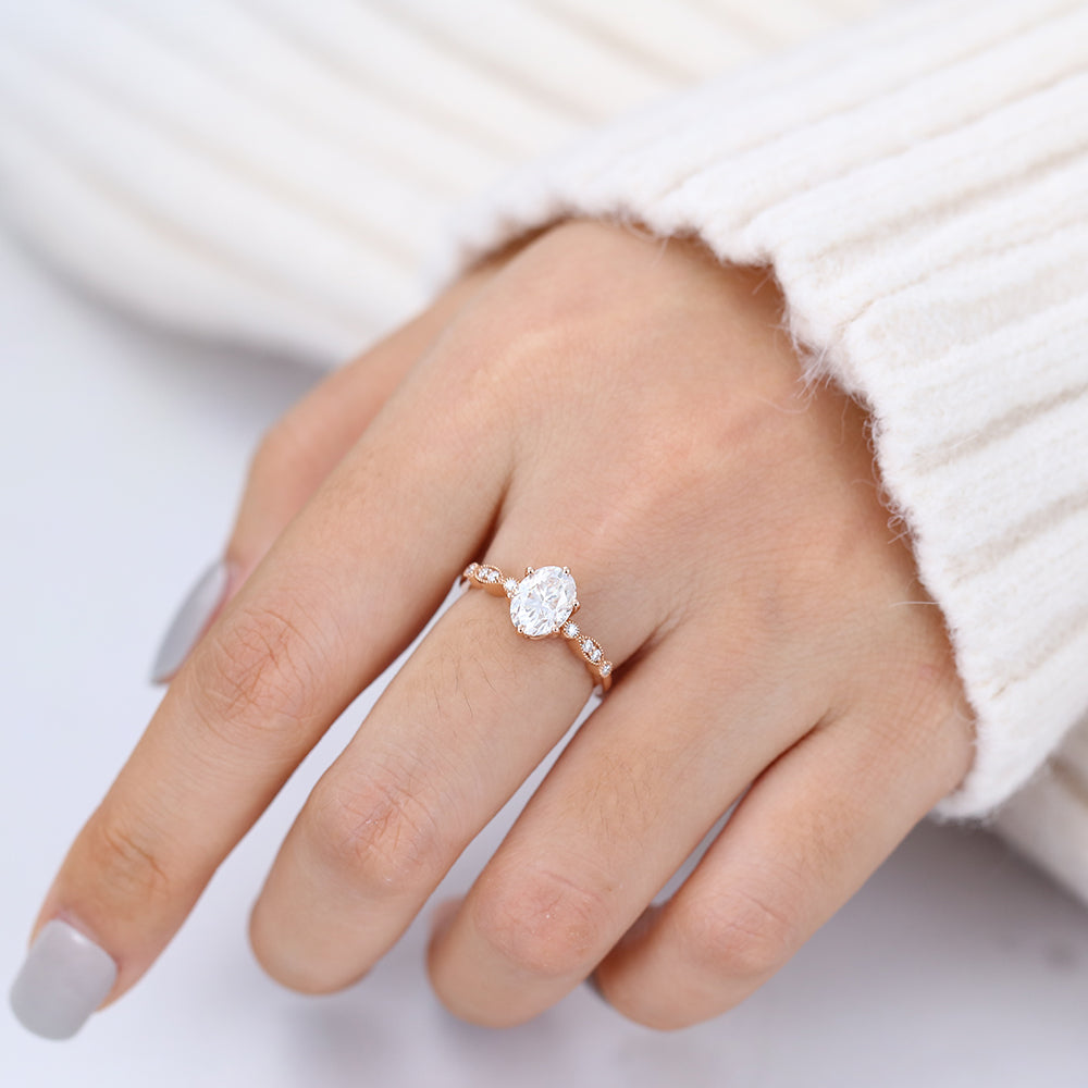 1.33 CT Oval Milgrain Pave Moissanite Engagement Ring